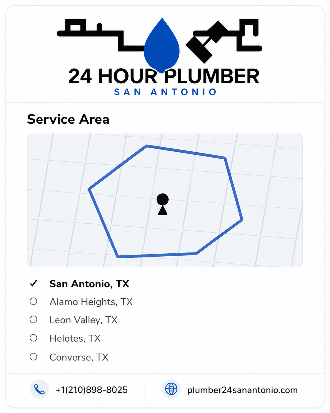 24 Hour Plumber San Antonio service area, phone and website